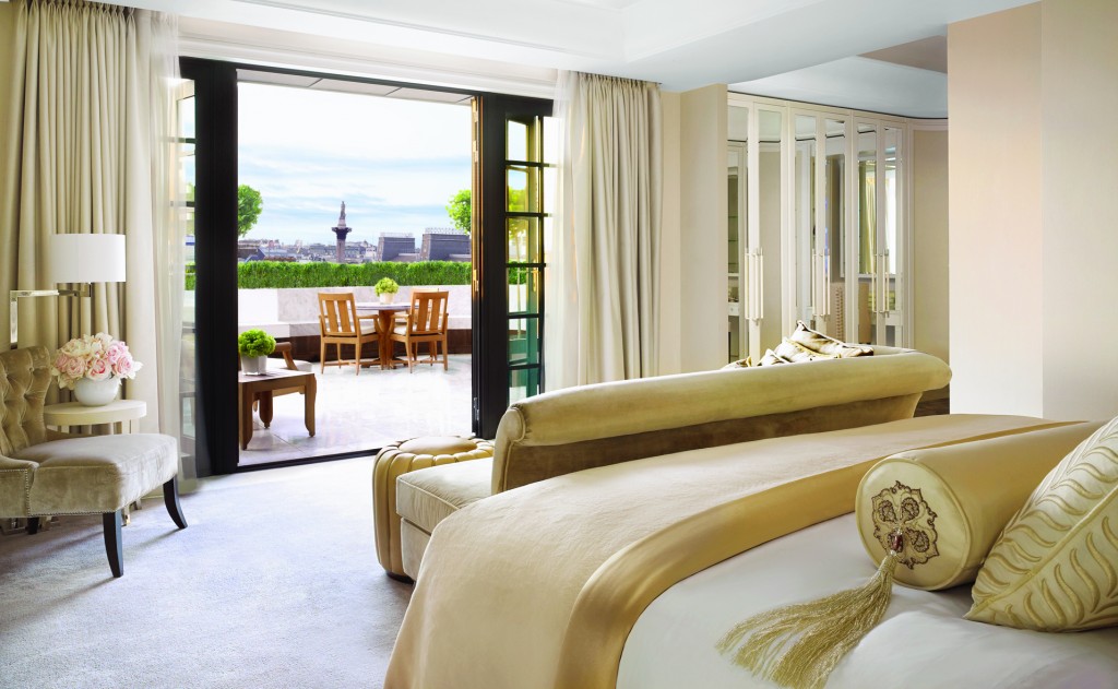 Hamilton Penthouse Bedroom, Terrace & Nelson's Column (landscape) Corinthia Hotel London