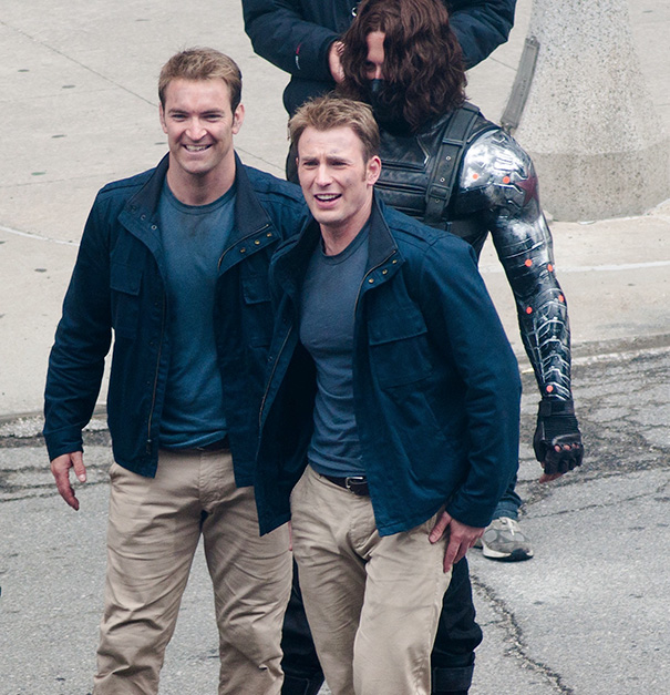 Chris Evans, his stunt double and Sebastian Stan on the set of 'Captain America 2' in Cleveland