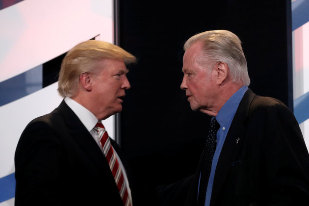 Republican presidential nominee Donald Trump is introduced to the stage by actor Jon Voight before speaking at the Values Voter Summit in Washington