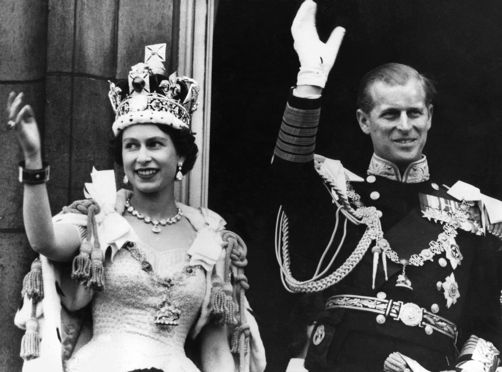 Queen Elizabeth II and the Duke of Edinburgh on the day of their coronation, Buckingham Palace, 1953.