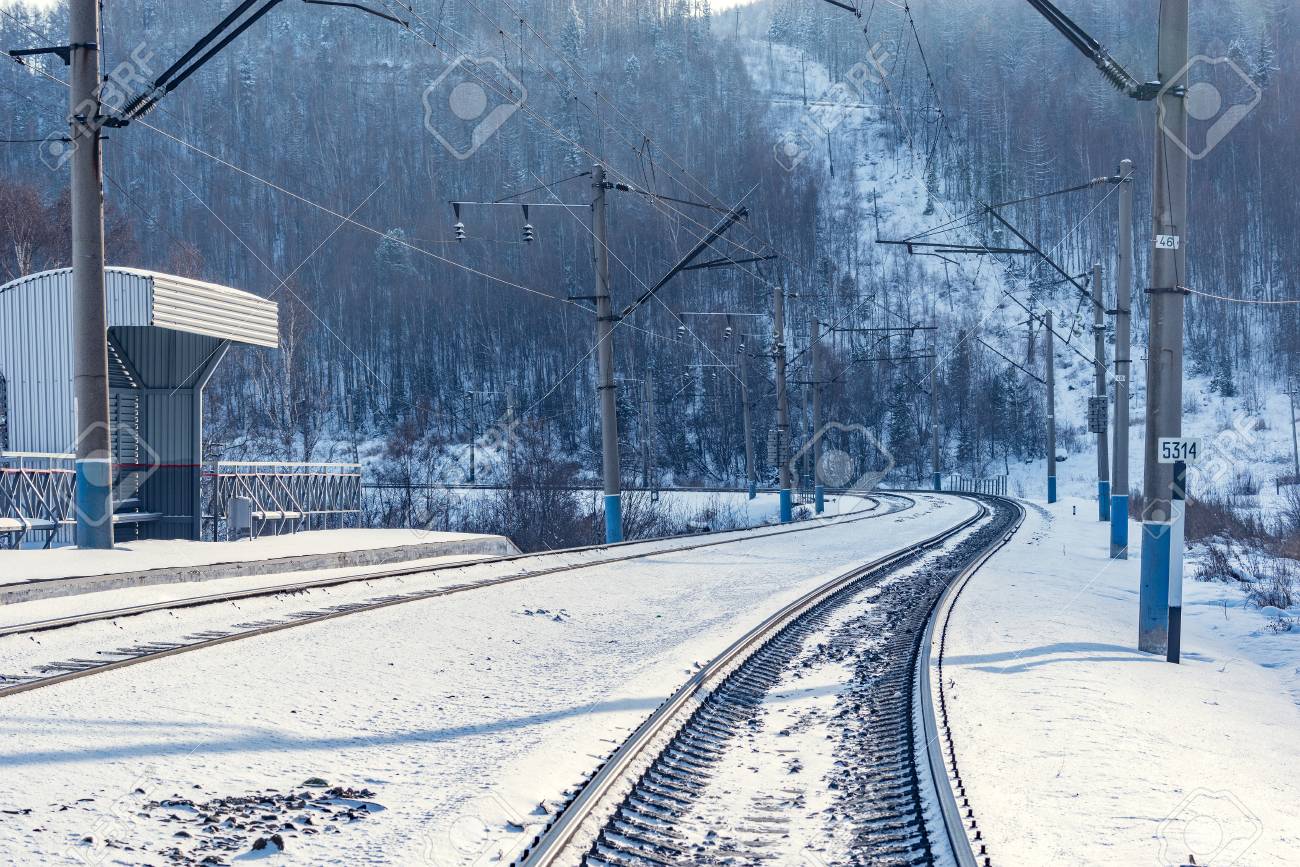 Winter view of Trans Siberian railway. Russia.