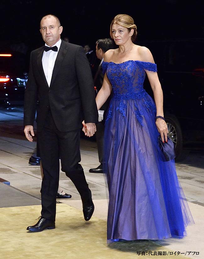 President of Bulgaria Rumen Radev and his wife Desislava Radeva arrive to attend the Court Banquet at the Imperial Palace, after the Ceremony of the Enthronement of Emperor Naruhito in Tokyo, Japan October 22, 2019. David Mareuil/Pool via REUTERS