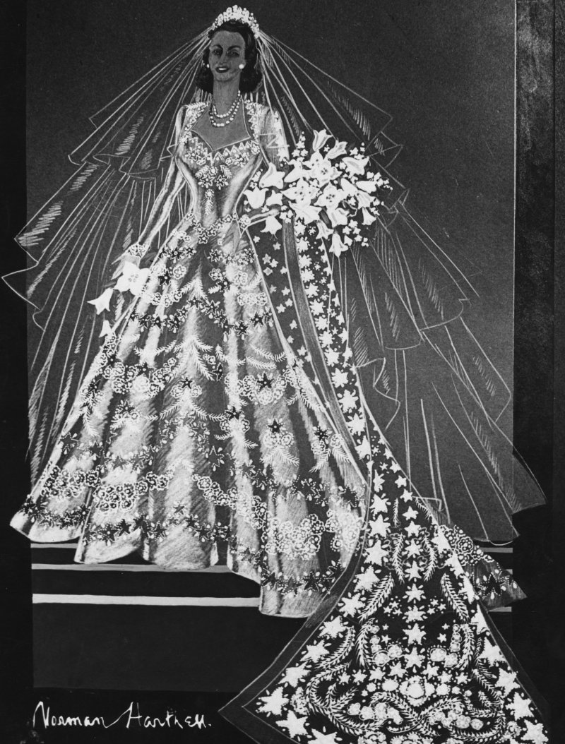 1947: A sketch of Princess Elizabeth's wedding dress by Norman Hartnell. (Photo by Central Press/Getty Images)